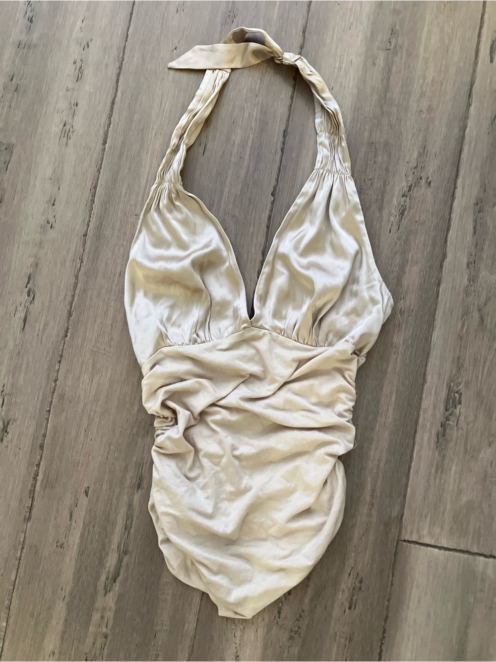 Bebe Silk Ruched Plunge Halter Top XS Neutral